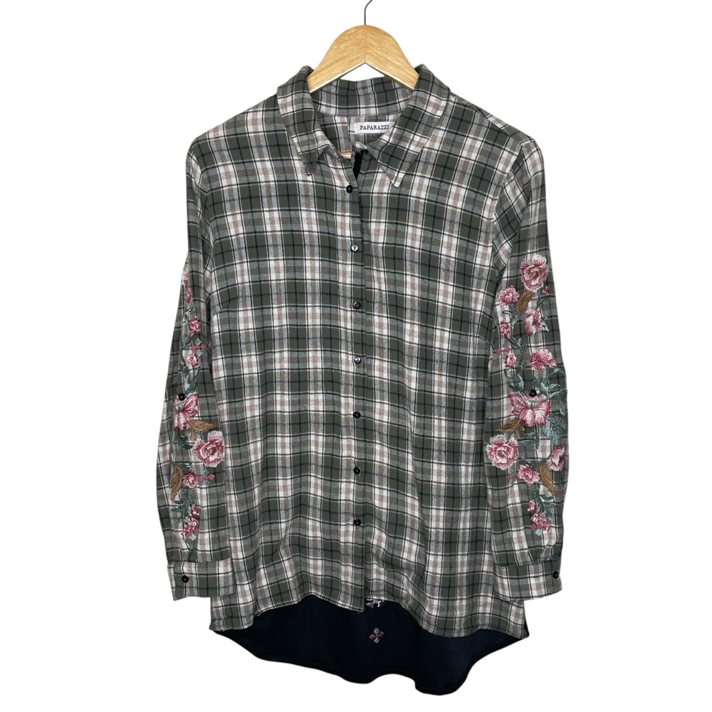 Paparazzi‎ Velvet Floral Embroidered Back Plaid Flannel Western Boho Shirt Large - Picture 3 of 12